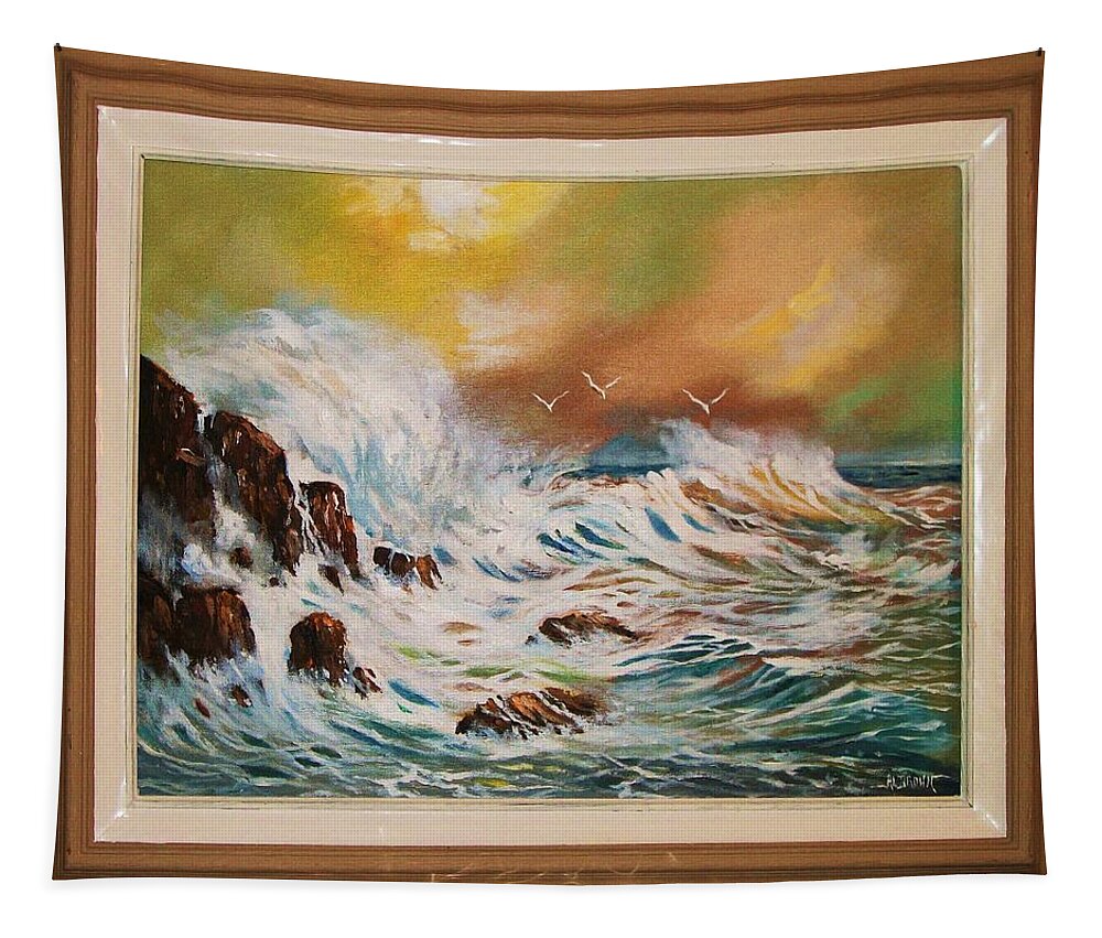 Seascape Tapestry featuring the painting Pounding Surf by Al Brown