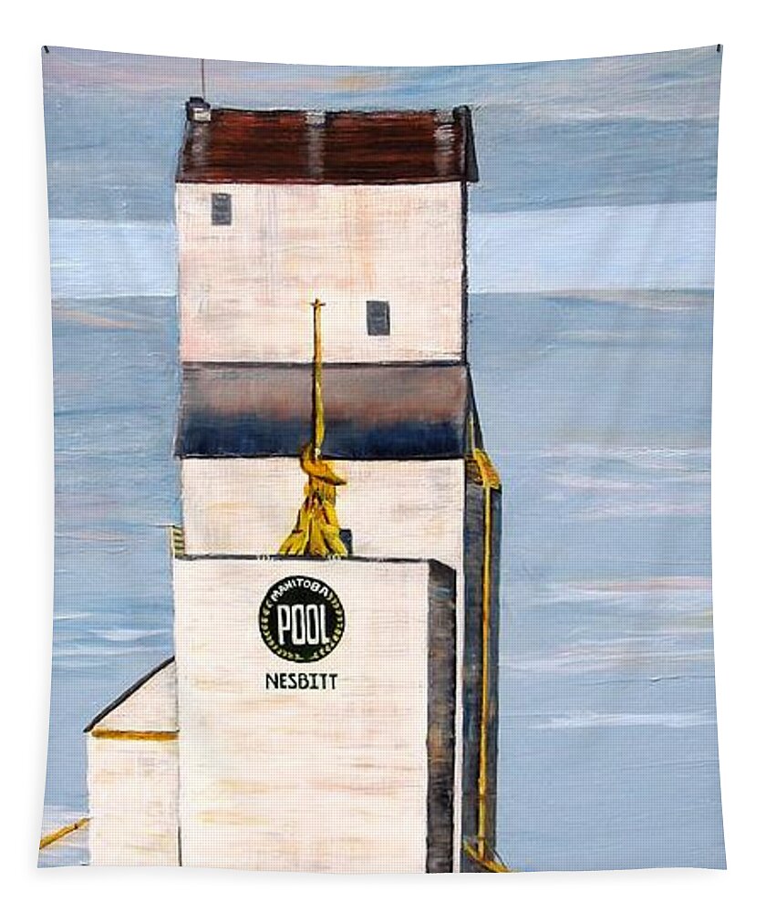 Manitoba Pool Elevator Tapestry featuring the painting Prairie Icon - Manitoba Pool Elevator by Marilyn McNish