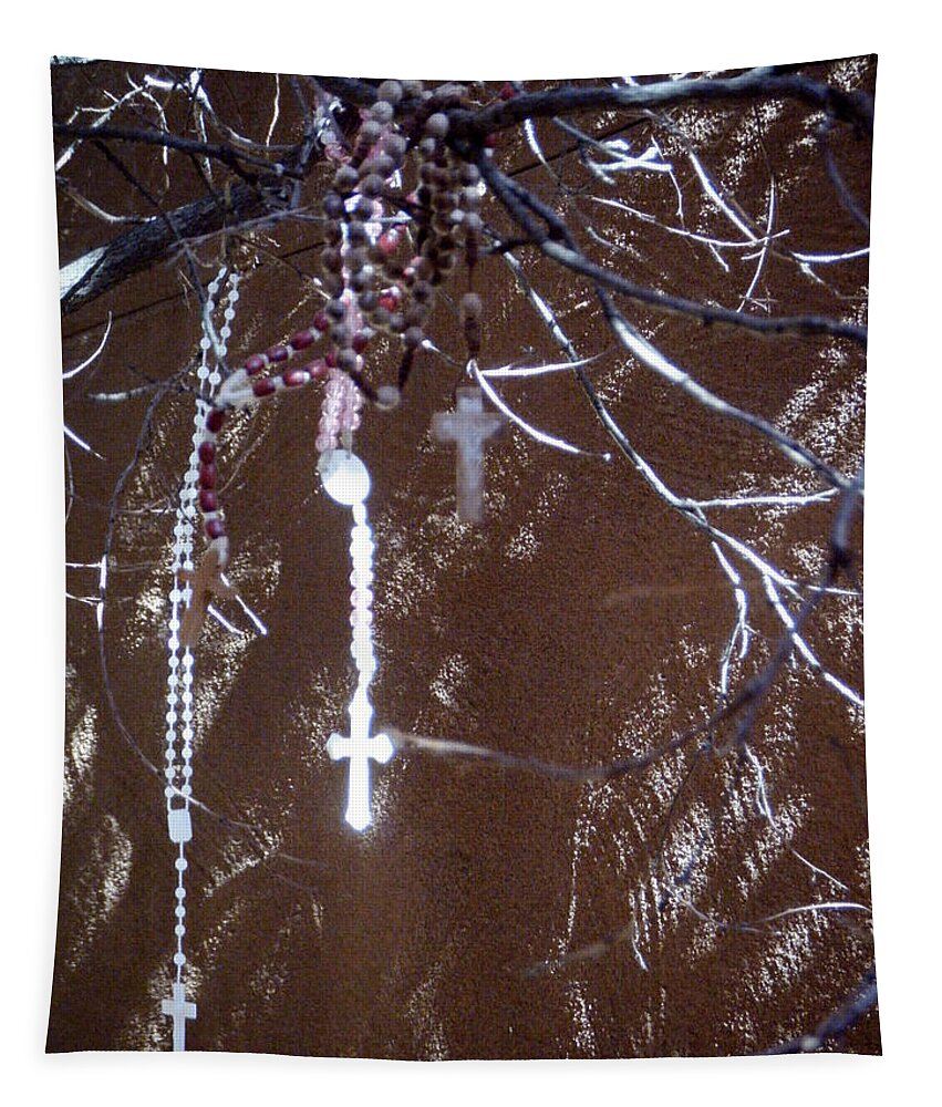 Prayer Crucifixes Hanging From Tree Tapestry featuring the photograph Prayer Crucifixes Hanging From Tree 7 by Tamara Kulish