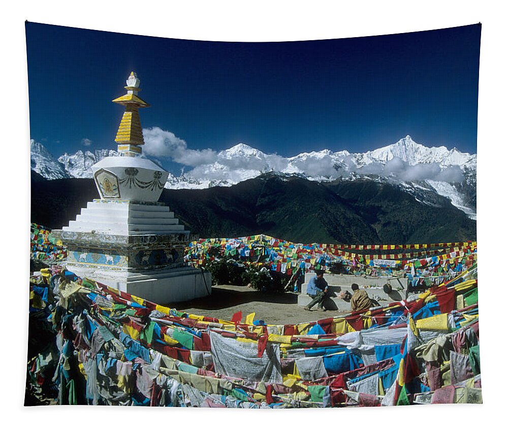 Himalaya Tapestry featuring the photograph Prayer flags in the Himalayan Mountains by James Brunker