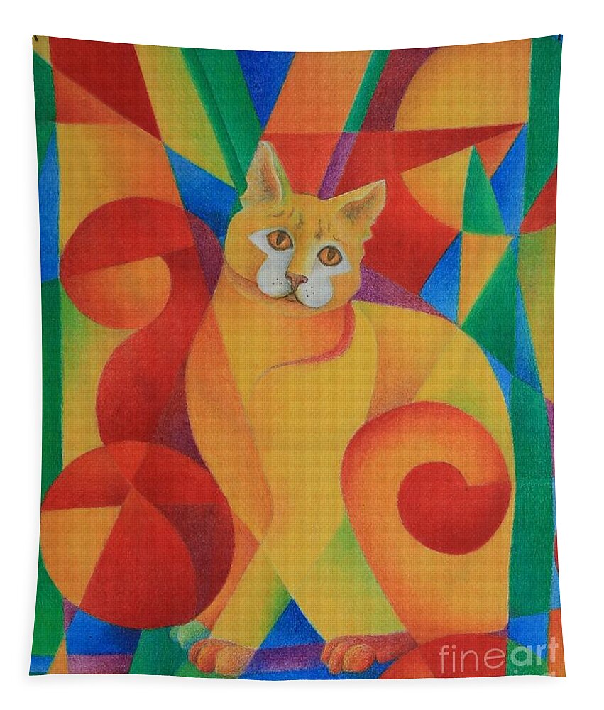 Cat Tapestry featuring the drawing Primary Cat II by Pamela Clements