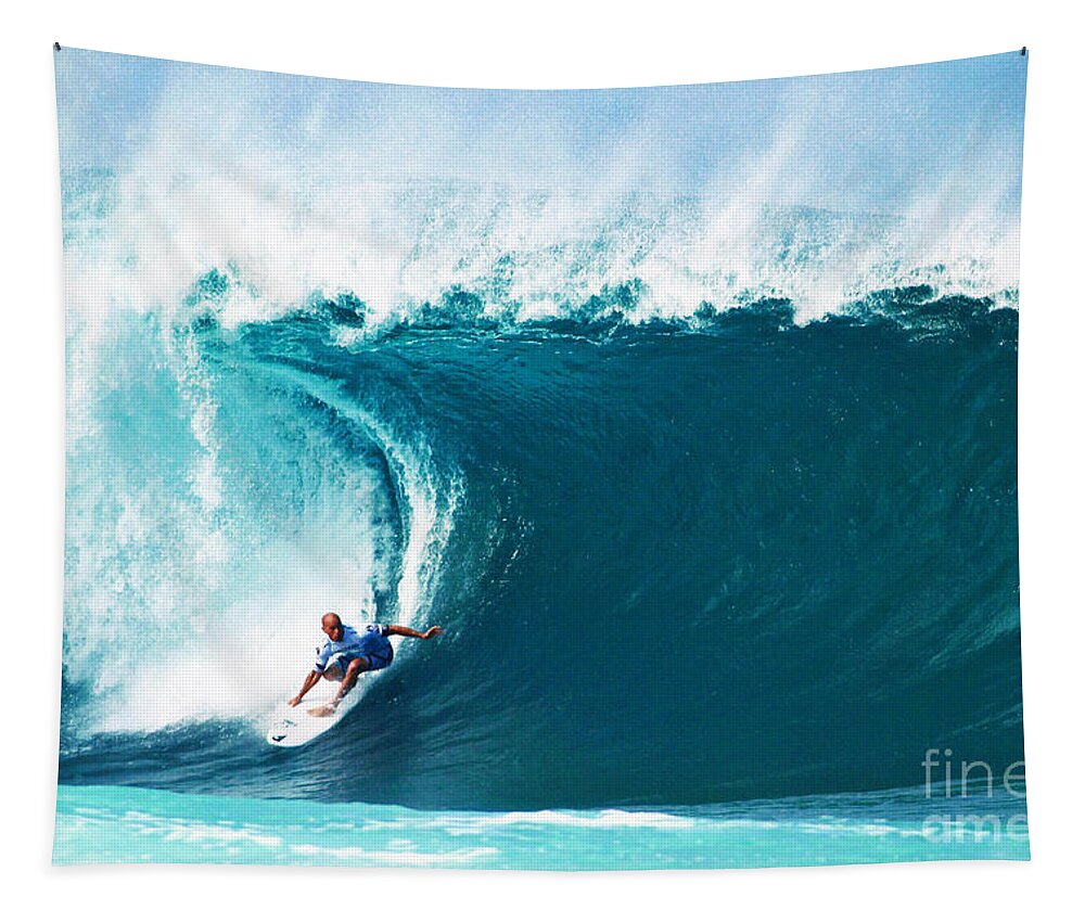 Kelly Slater Tapestry featuring the photograph Pro Surfer Kelly Slater Surfing in the Pipeline Masters Contest by Paul Topp