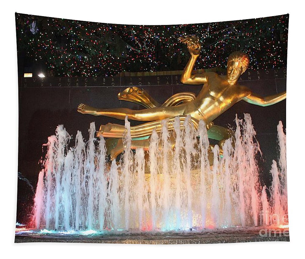 Prometheus Greek Statue In Rockefeller Ice Rink Tapestry featuring the photograph Prometheus Greek Statue in Rockefeller Ice Rink by John Telfer