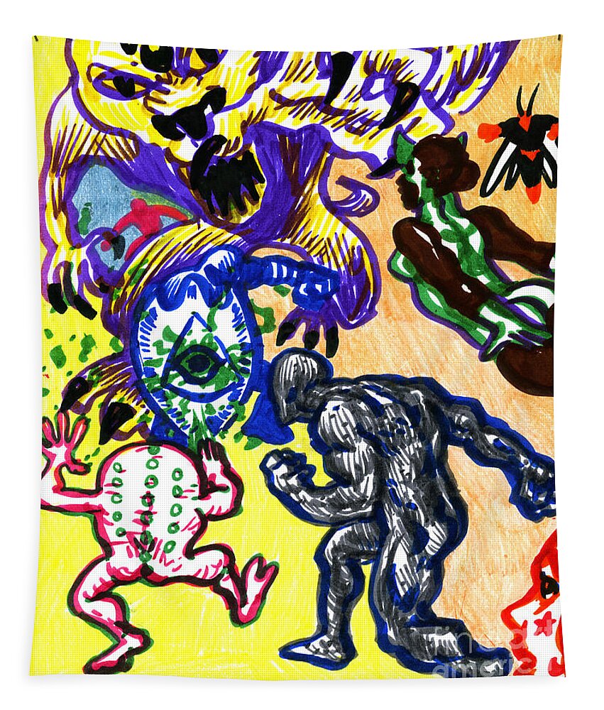 Psychedelic Tapestry featuring the drawing Psychedelic Super Battle by John Ashton Golden