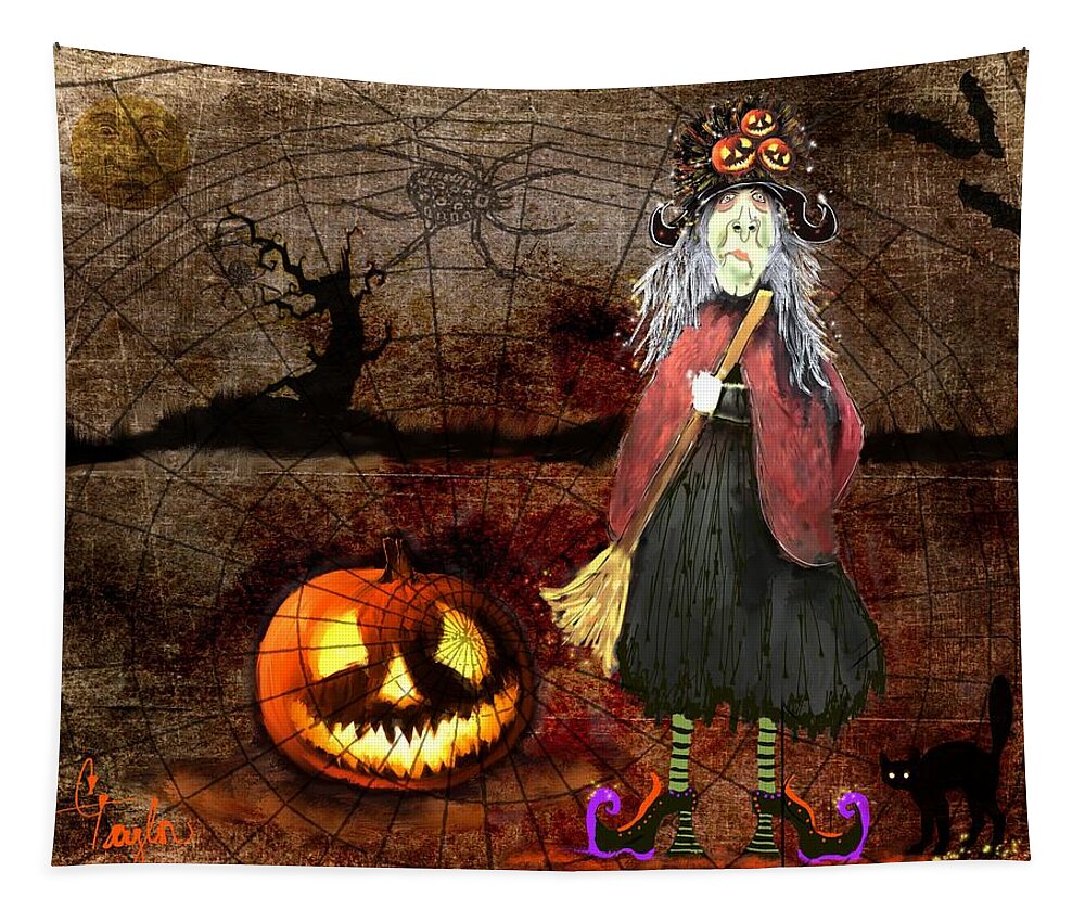 Halloween Tapestry featuring the painting Pumpkinella The Magical Good Witch and Her Magical Cat by Colleen Taylor