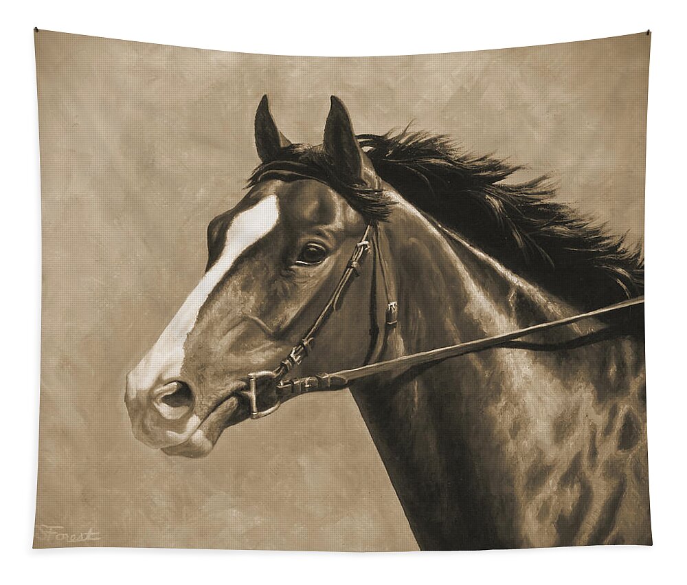 Horse Tapestry featuring the painting Racehorse Painting In Sepia by Crista Forest