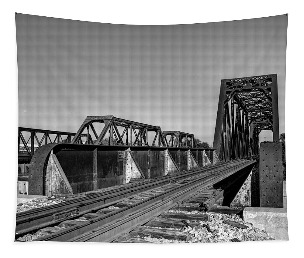 Railroad Bridge Tapestry featuring the photograph Railroad bridge black and white by Jonathan Davison