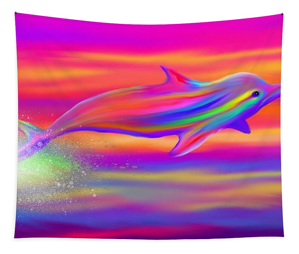 Dolphin Tapestry featuring the painting Rainbow Tide Dolphin by Nick Gustafson