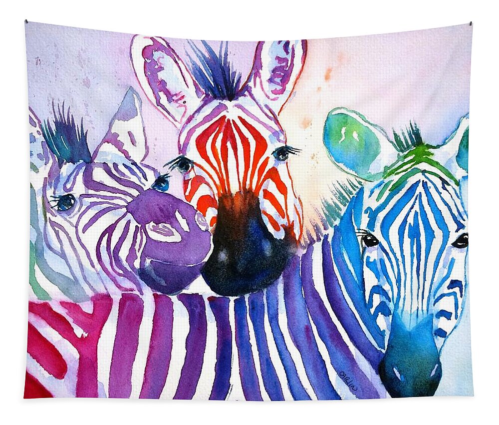 Zebra Tapestry featuring the painting Rainbow Zebra's by Carlin Blahnik CarlinArtWatercolor