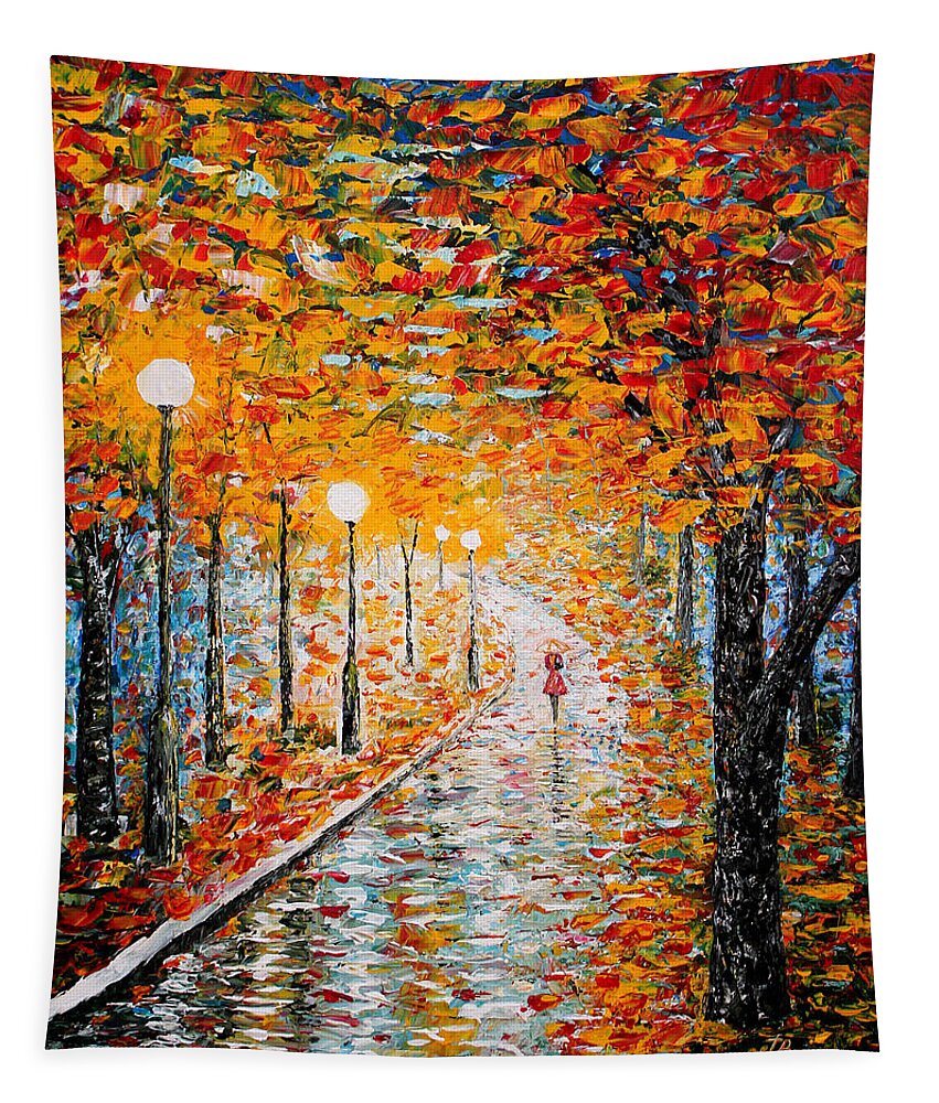 Impressionism Autumn Tapestry featuring the painting Rainy Autumn Day palette knife original by Georgeta Blanaru
