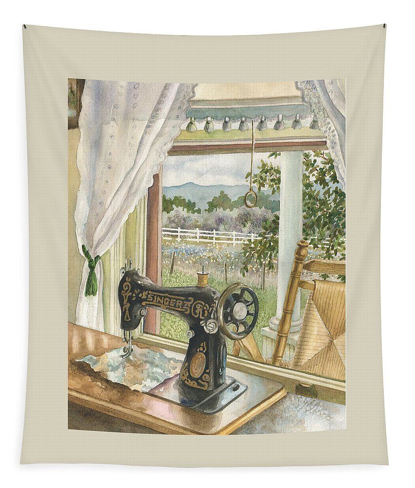 Sewing Machine Painting Tapestry featuring the painting Rainy Day on the Old Farm by Anne Gifford