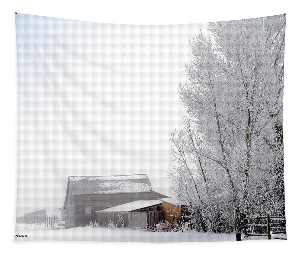 Barn Tapestry featuring the photograph Ranch in Frozen Fog by Kae Cheatham