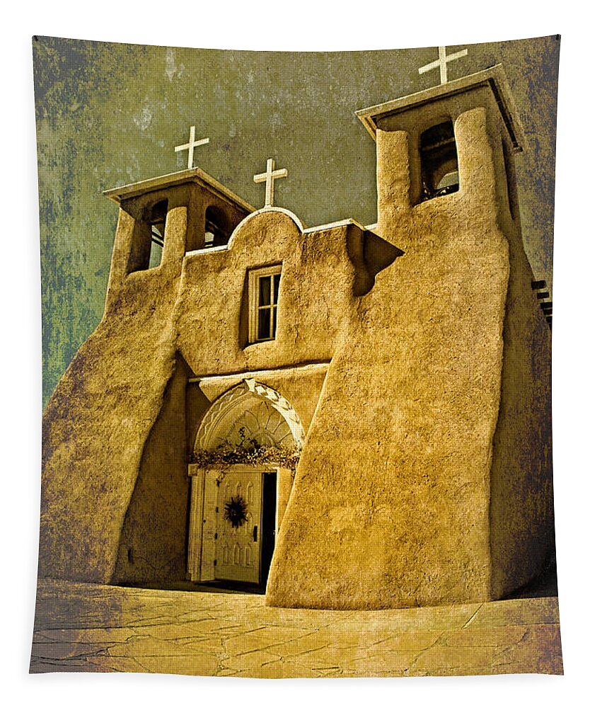 Santa Tapestry featuring the mixed media Ranchos church in old gold by Charles Muhle