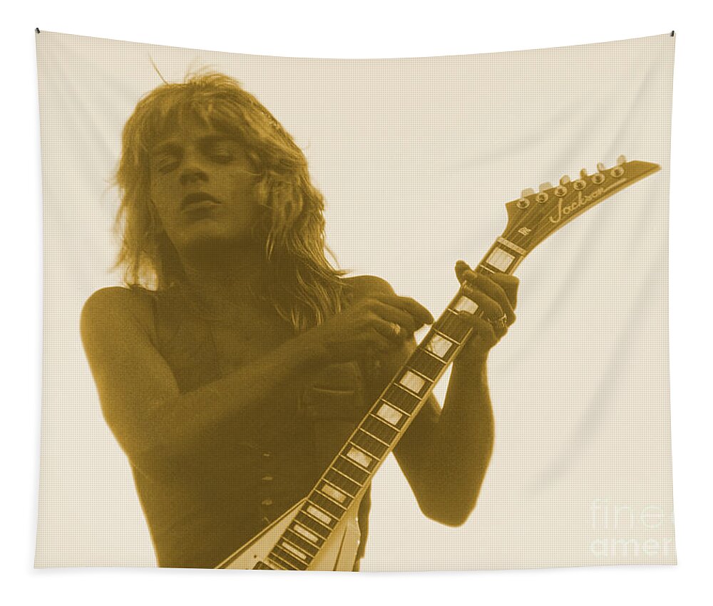 Concert Photos For Sale Tapestry featuring the photograph Randy Rhoads flying high at Day on the Green by Daniel Larsen
