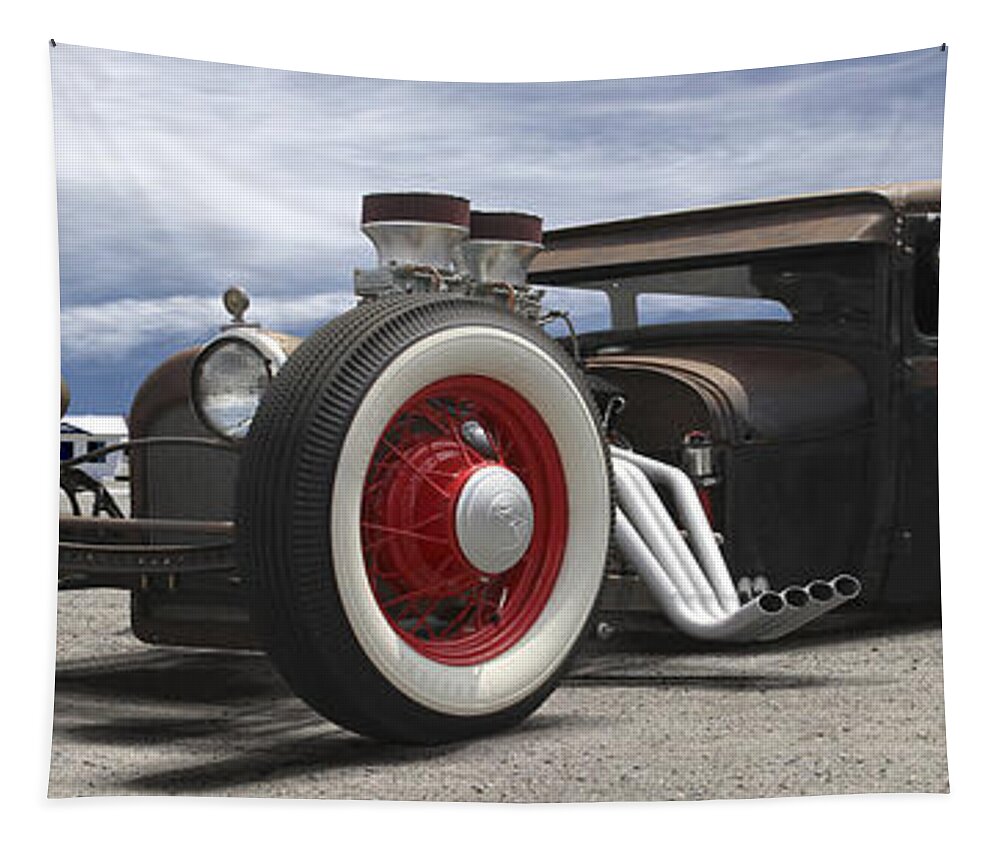 Transportation Tapestry featuring the photograph Rat Rod on Route 66 Panoramic by Mike McGlothlen