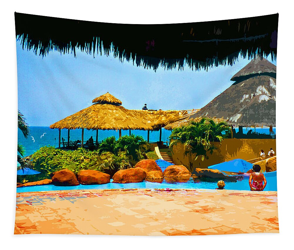 Tropical Tapestry featuring the painting Re-thatching the roof by CHAZ Daugherty
