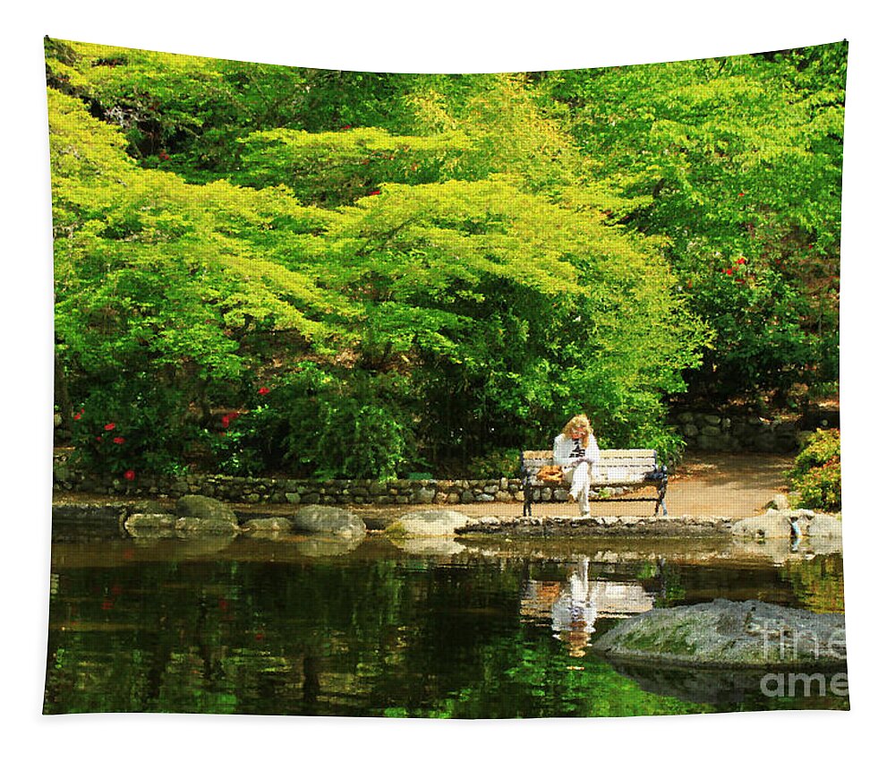 Pond Tapestry featuring the photograph Reading At The Pond by James Eddy