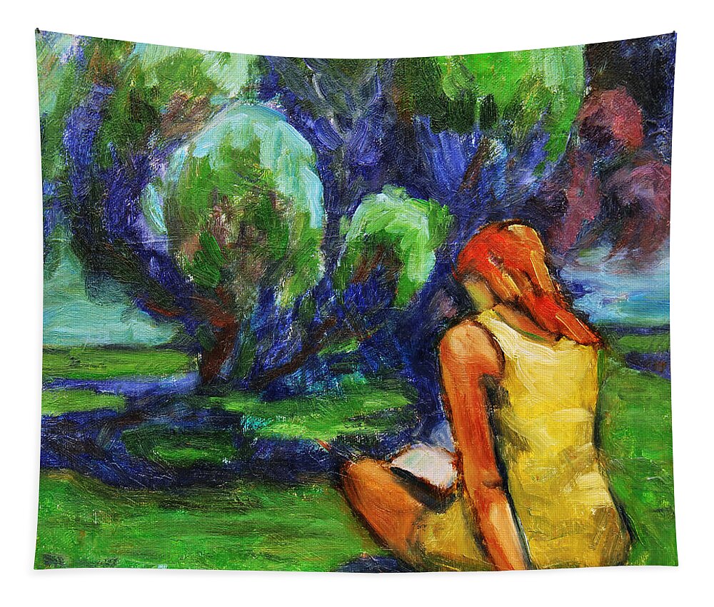 Figurative Tapestry featuring the painting Reading in a Park by Xueling Zou