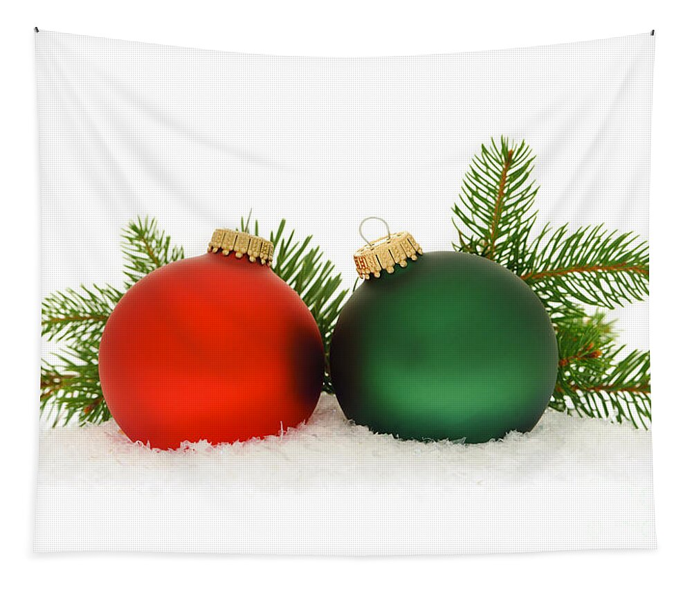 Christmas Tapestry featuring the photograph Red and green Christmas baubles by Elena Elisseeva