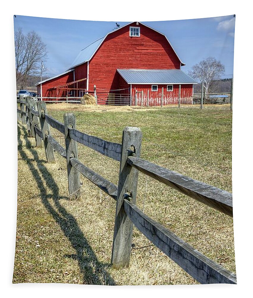 Barn Tapestry featuring the photograph Red Barn with Fence by Donna Doherty