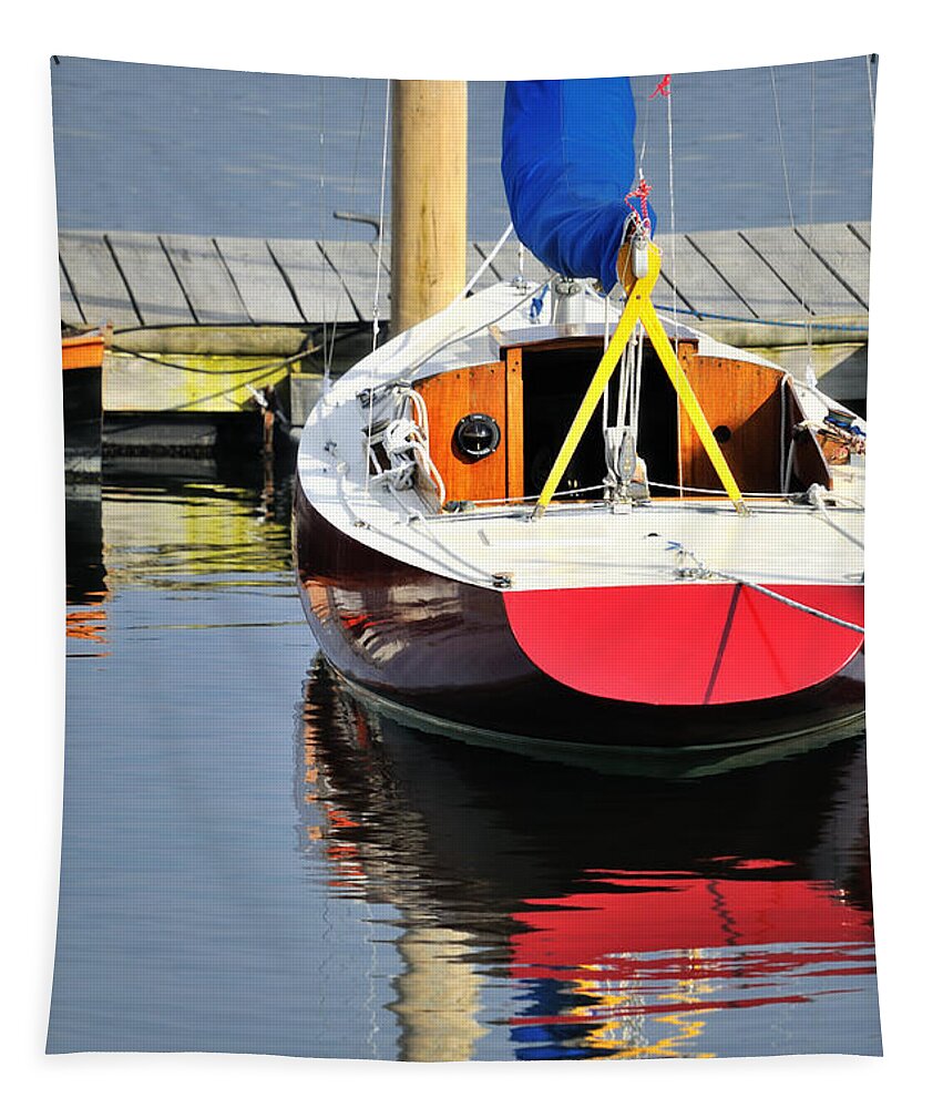 Red Tapestry featuring the photograph Red Boat Reflections Rockland Maine by Marianne Campolongo