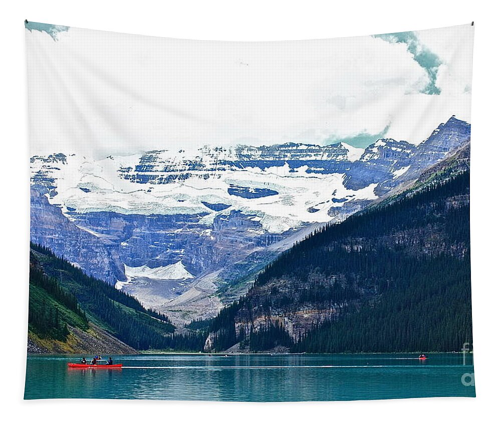 Lake Louise Alberta Red Tapestry featuring the photograph Red Canoes Turquoise Water by Linda Bianic