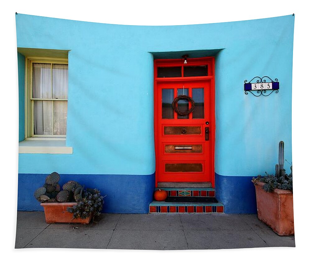 Door Tapestry featuring the photograph Red Door on Blue Wall by Joe Kozlowski