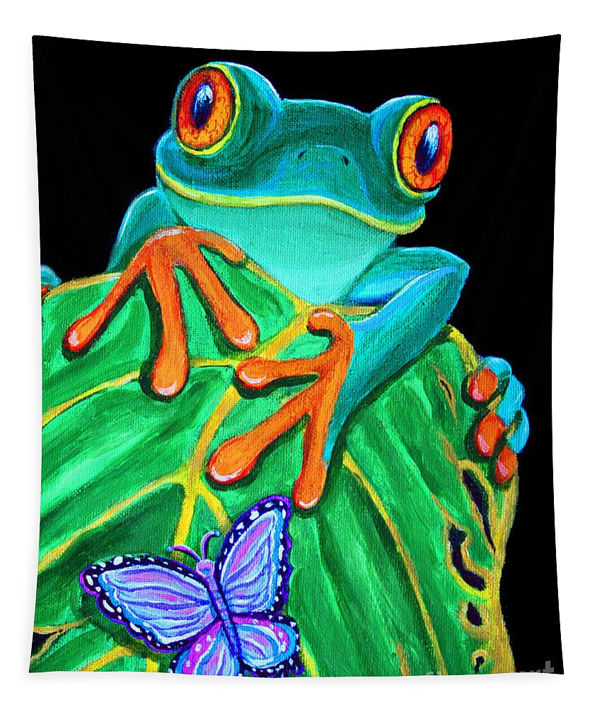 Red Eyed Tree Frog Tapestry featuring the painting Red-eyed tree frog and butterfly by Nick Gustafson