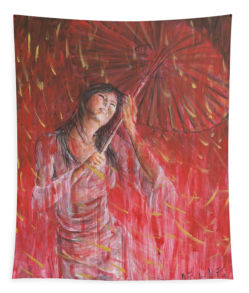 Red Tapestry featuring the painting Red Geisha Rain Storm by Nik Helbig
