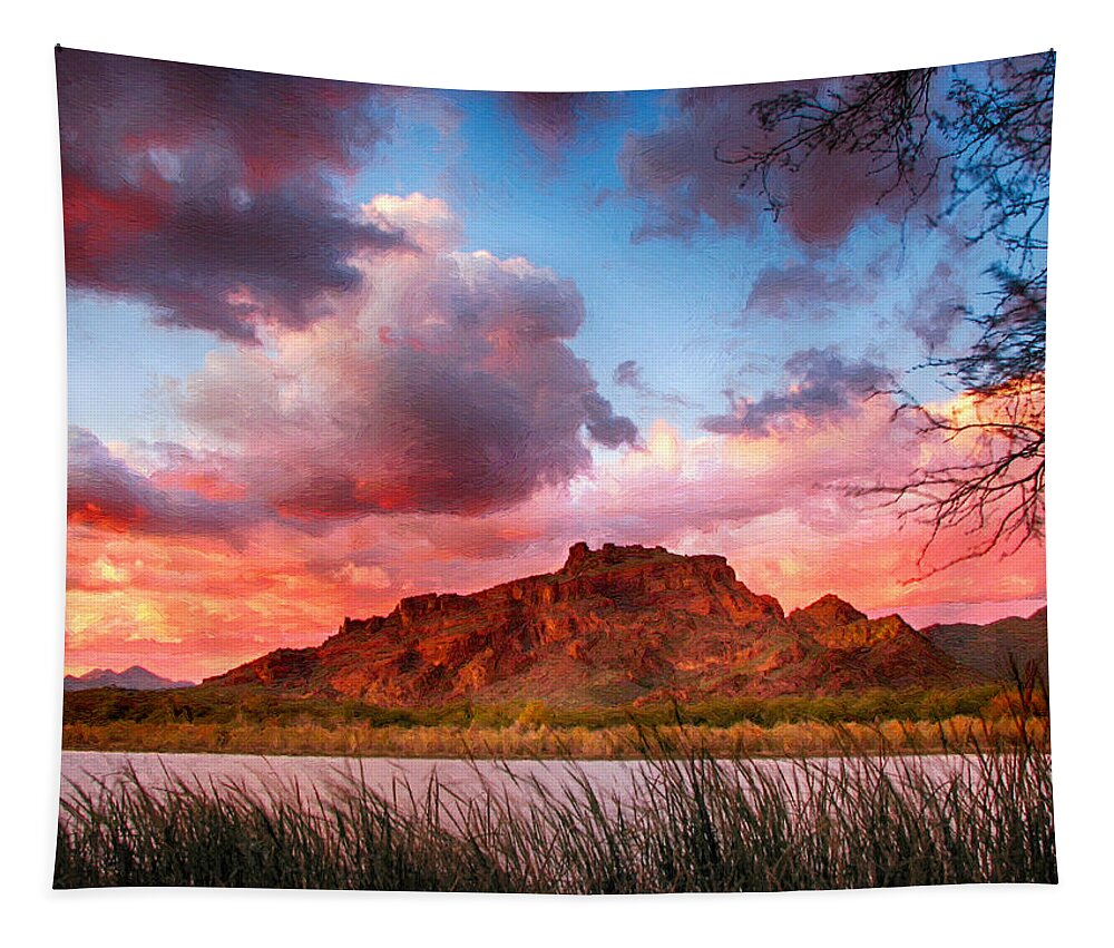 Mesa Tapestry featuring the painting Red Mountain Sunset by John Haldane