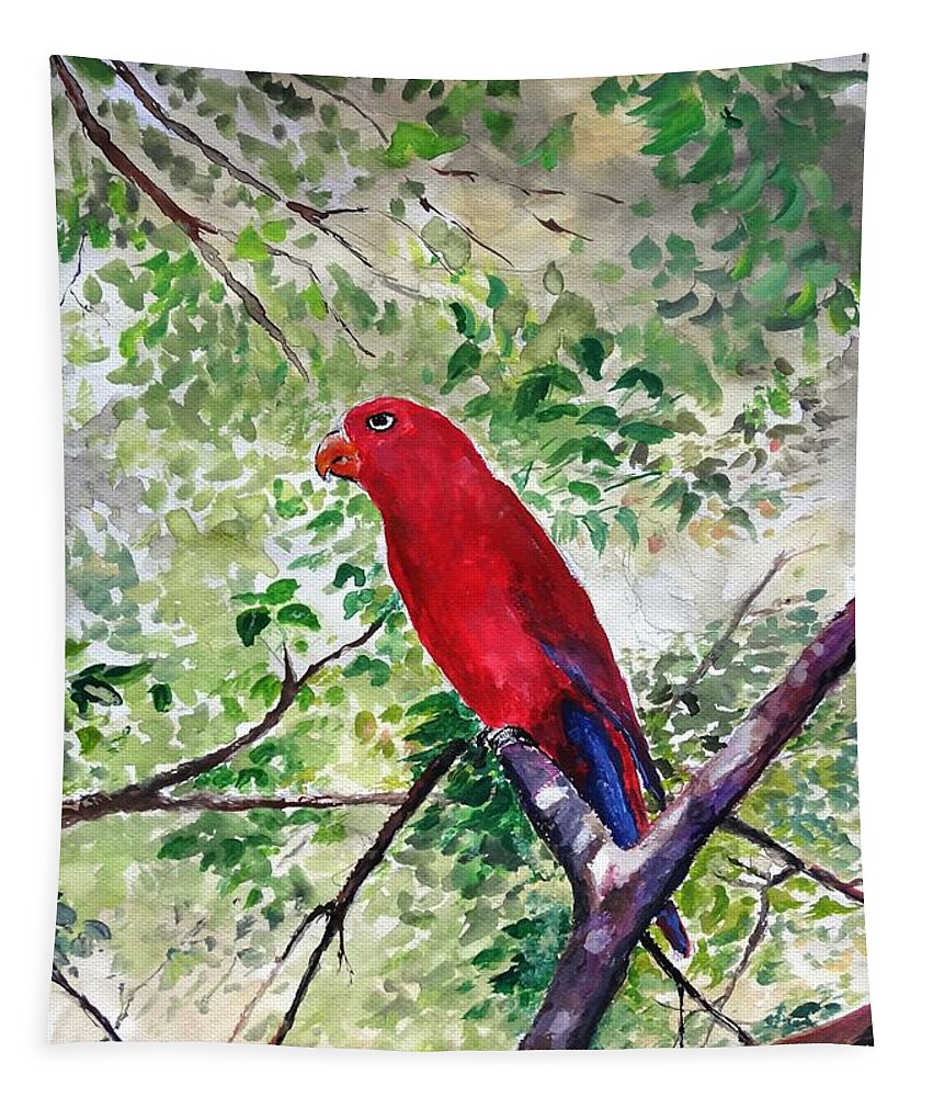 Bird Tapestry featuring the painting Red Parrot of Papua by Jason Sentuf