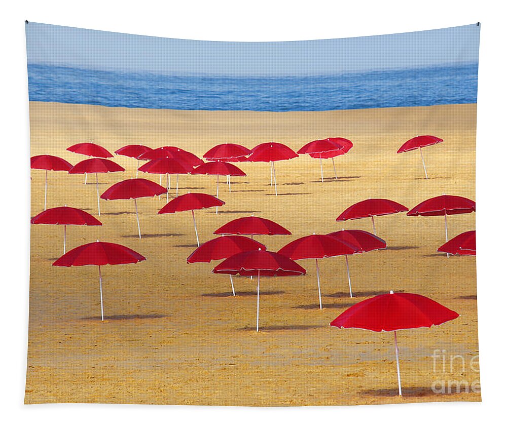 Abstract Tapestry featuring the photograph Red Umbrellas by Carlos Caetano