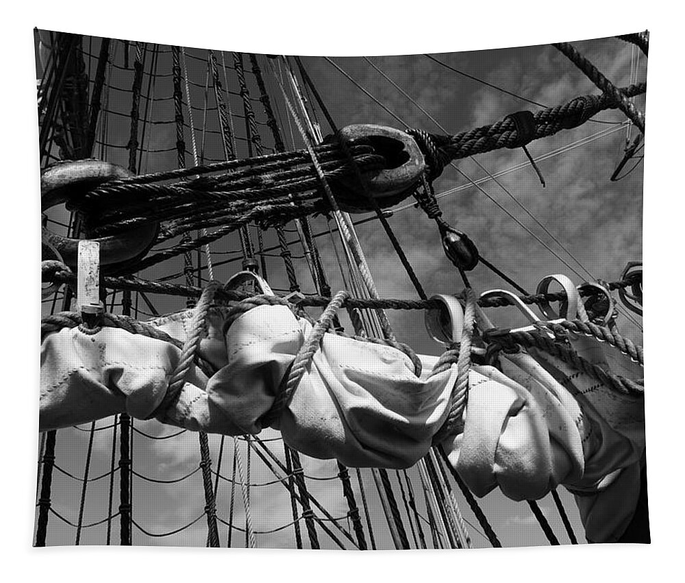 18th Century Tapestry featuring the photograph Reefed canvas sail and rigging - monochrome by Ulrich Kunst And Bettina Scheidulin
