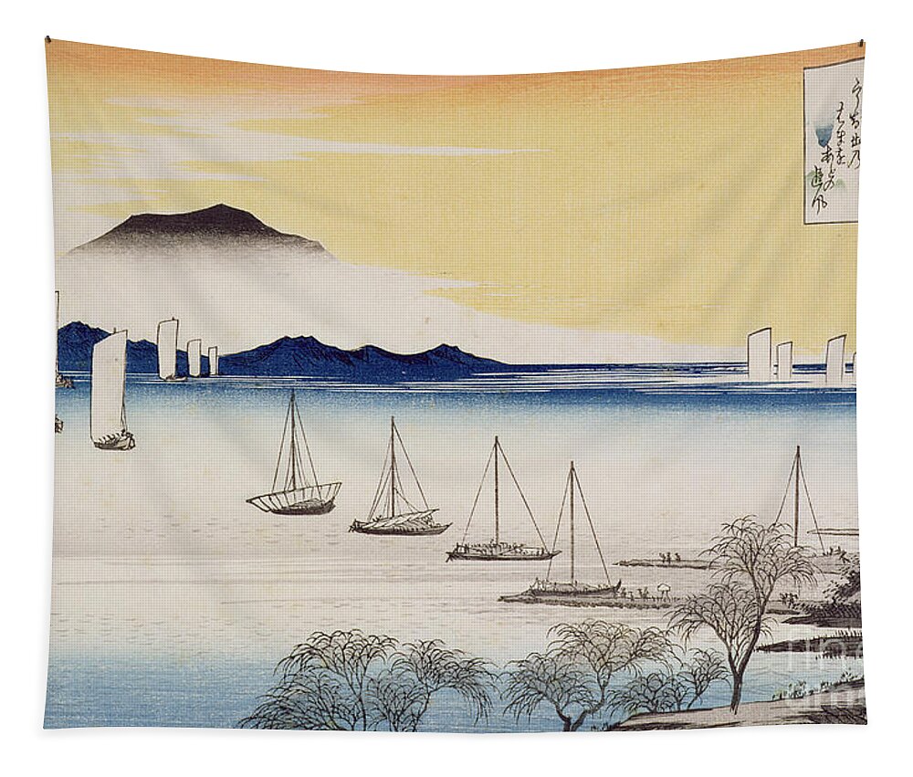 Japan Tapestry featuring the painting Returning Sails at Yabase by Hiroshige