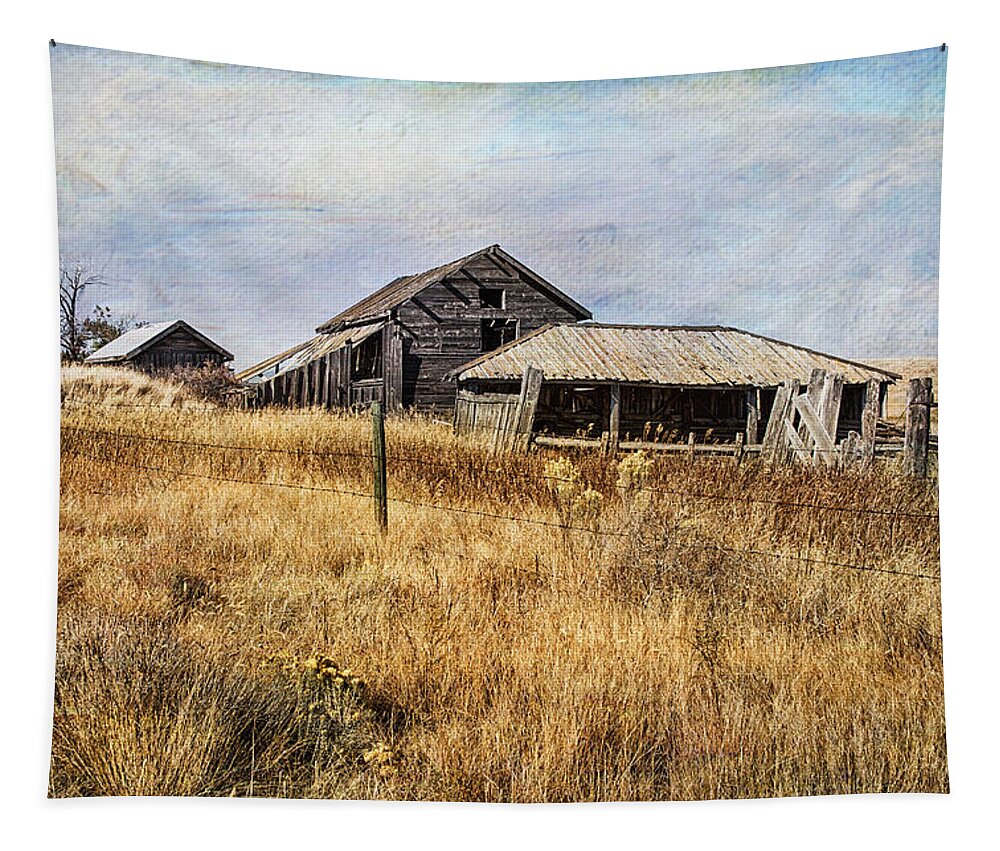 Barn Tapestry featuring the photograph Rickety Barn And Woodshed by Theresa Tahara