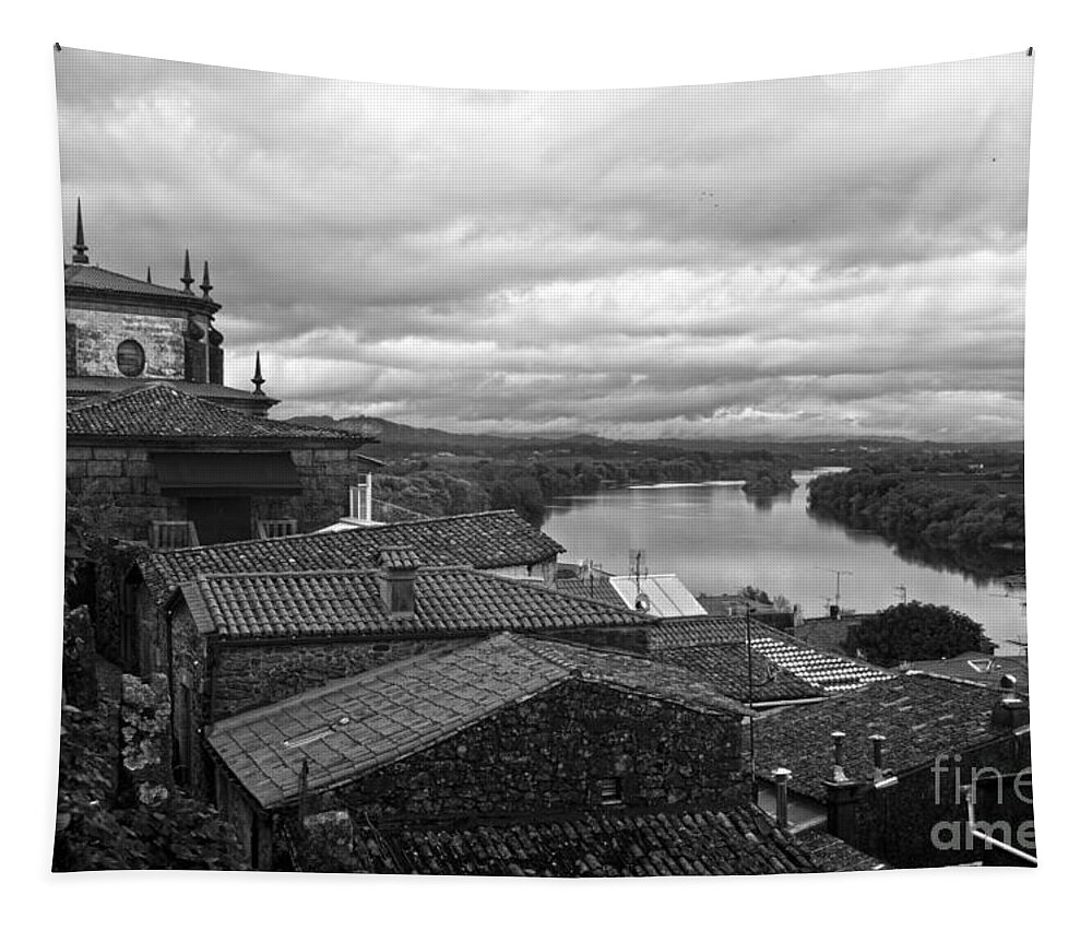 Mino Tapestry featuring the photograph River Mino And Portugal From Tui BW by RicardMN Photography