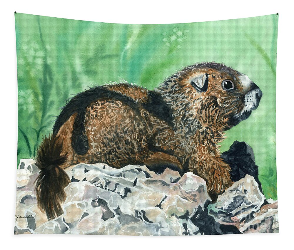 Marmot Tapestry featuring the painting RMBL Marmot by Barbara Jewell