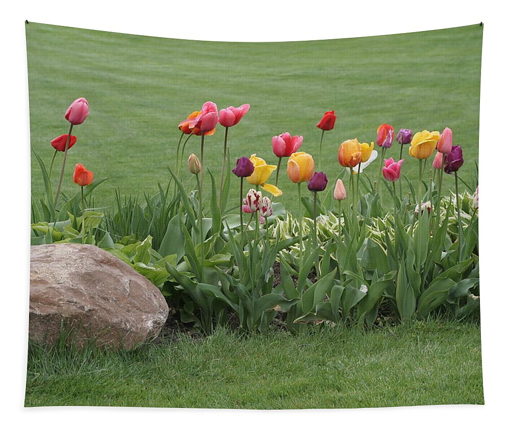 Tulips Tapestry featuring the photograph Tulip and Hosta Garden by Valerie Collins
