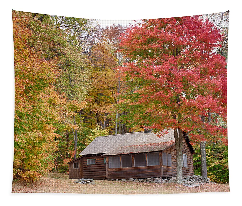 Robert Frost Tapestry featuring the photograph Robert Frost cabin in autumn by Jeff Folger
