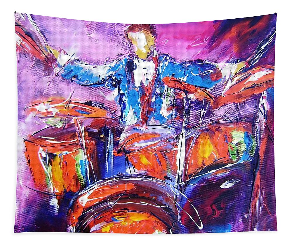 Rock Drummer Tapestry featuring the painting Rock drummer painting available as an art print by Mary Cahalan Lee - aka PIXI