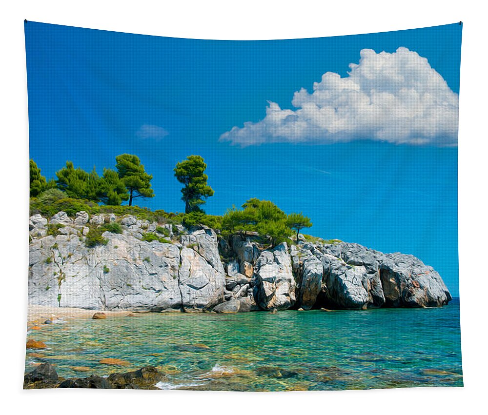 Greece Tapestry featuring the mixed media Rocky Beach by Roy Pedersen