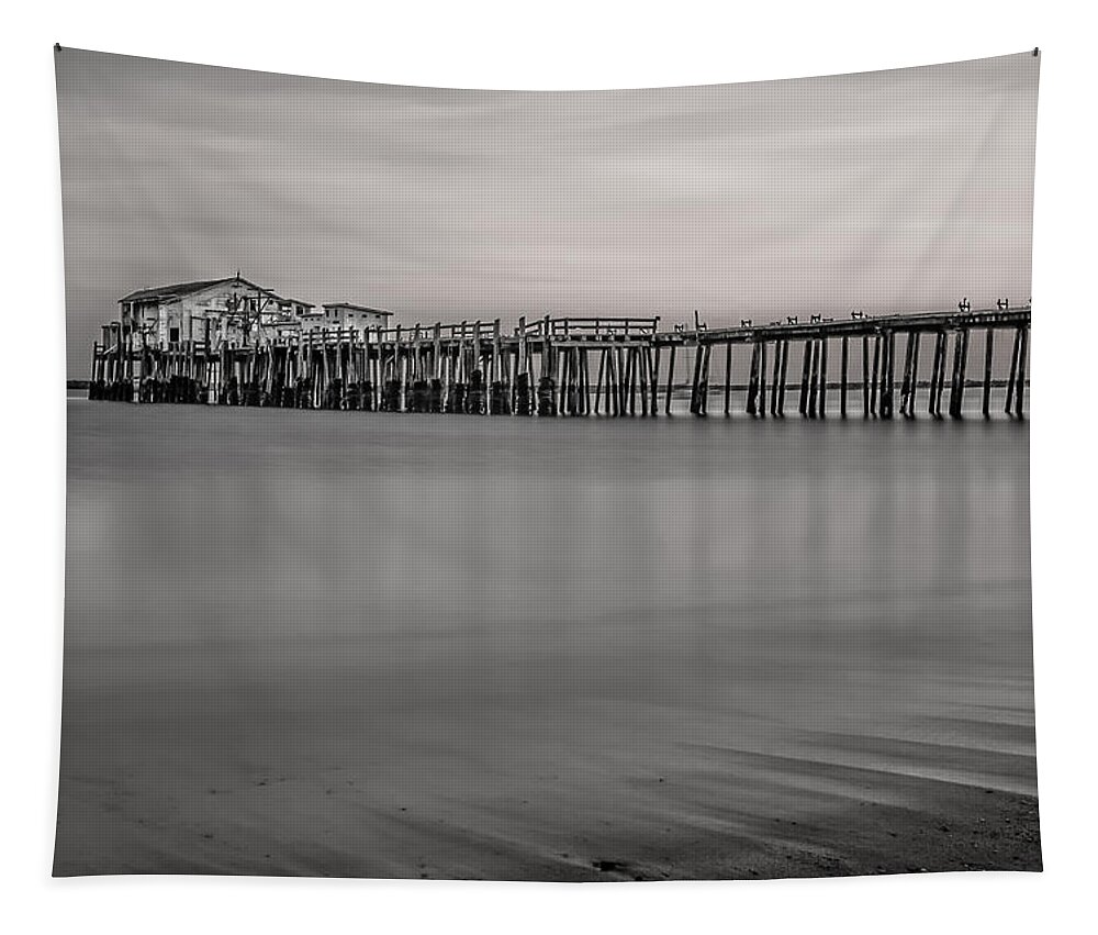 Pier Tapestry featuring the photograph Romeo's Pier BW by Linda Villers