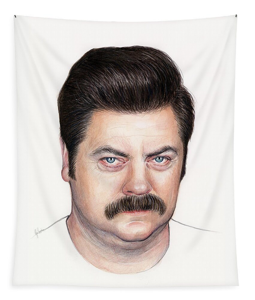 Ron Swanson Tapestry featuring the painting Ron Swanson Portrait Nick Offerman by Olga Shvartsur