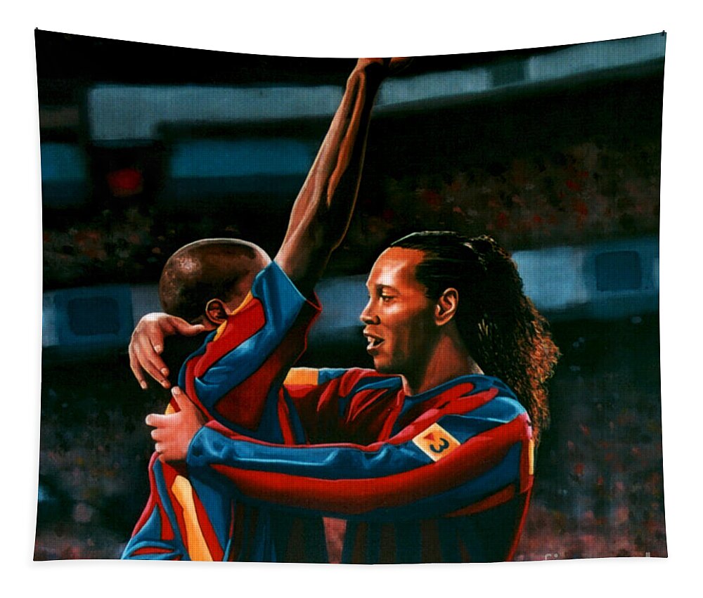 Ronaldinho Tapestry featuring the painting Ronaldinho and Eto'o by Paul Meijering