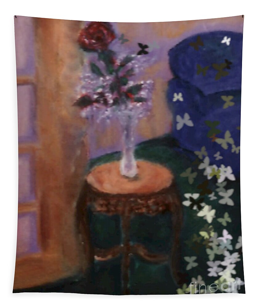 Art; Art Print; Art Promotions; Karen Francis; Print On Canvas; Phone Case; Rose; Flower Tapestry featuring the painting Rose with Butterflies by Karen Francis