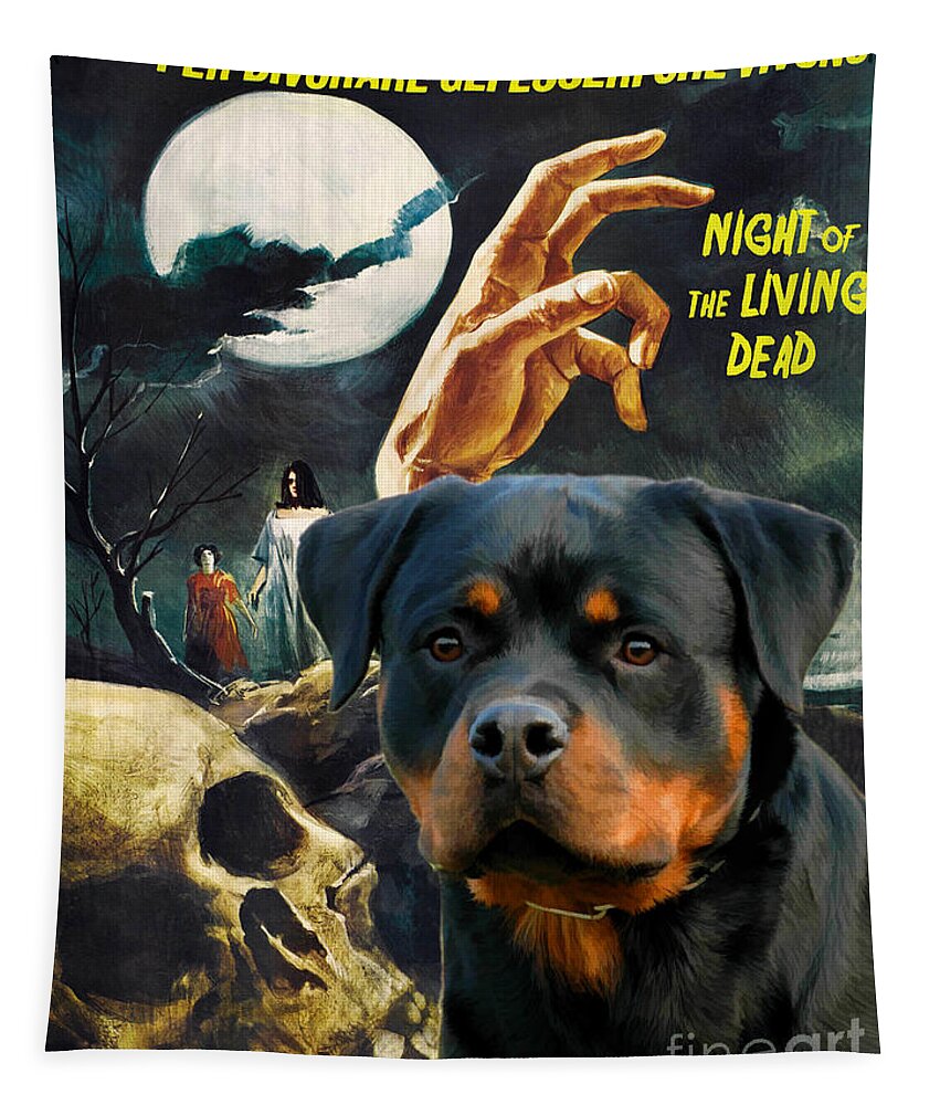 Rottweiler Tapestry featuring the painting Rottweiler Art Canvas Print - Night of the Living Dead Movie Poster by Sandra Sij
