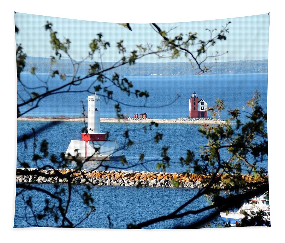 Lighthouses Tapestry featuring the photograph Round Island Lighthouse and Round Island Passage Light by Keith Stokes