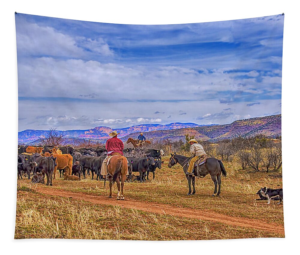 Cattle Roundup Tapestry featuring the photograph Rounding Up Cattle In Cornville Arizona by Priscilla Burgers