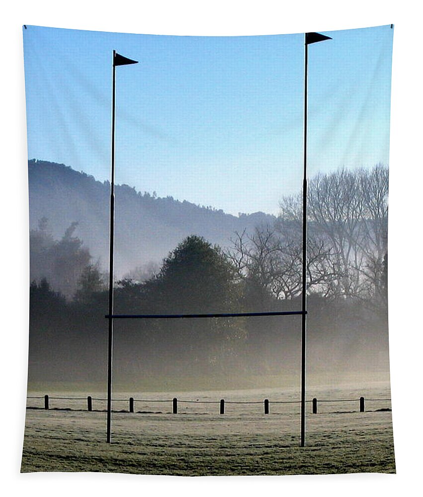 Mist Frost Park Goalpost Rugby Pitch Field Hills Winter Sun Cold Morning Sunrise Flags League Union Try Scrum Conversion All Blacks Tapestry featuring the photograph Rugby season by Guy Pettingell