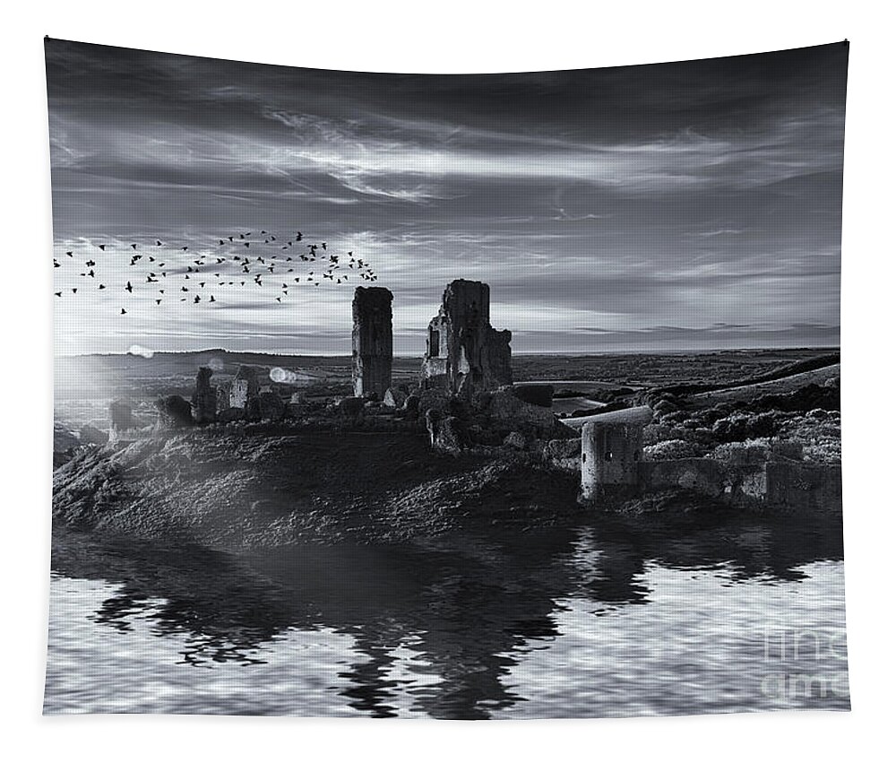 Landscape Tapestry featuring the photograph Ruins on the water landscape by Simon Bratt